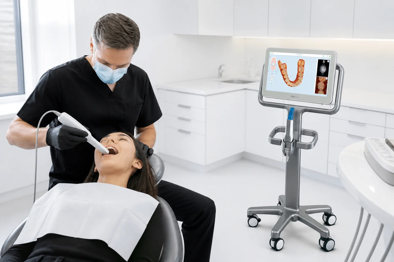 iTero intraoral scanner displaying a 3D digital impression of the lower teeth